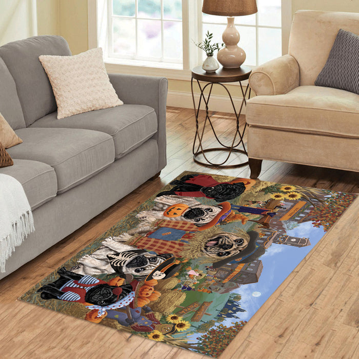 Halloween 'Round Town and Fall Pumpkin Scarecrow Both Pug Dogs Area Rug