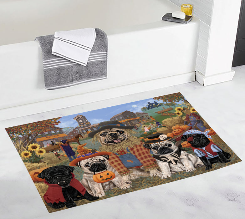 Halloween 'Round Town and Fall Pumpkin Scarecrow Both Pug Dogs Bath Mat
