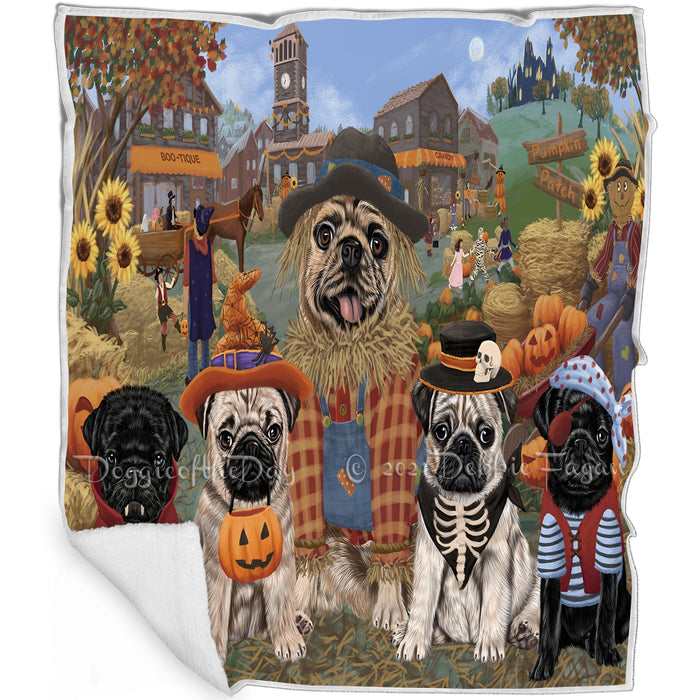 Halloween 'Round Town And Fall Pumpkin Scarecrow Both Pug Dogs Blanket BLNKT143624