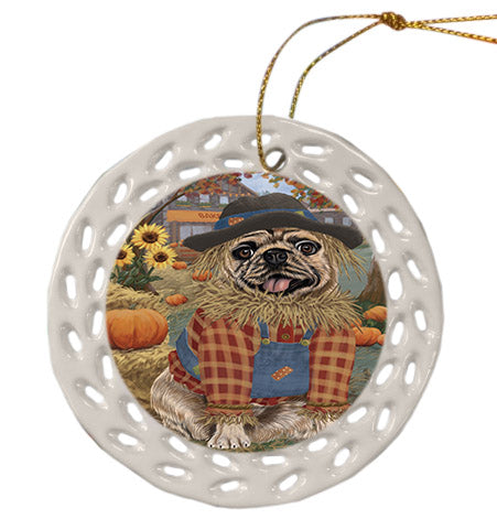 Fall Pumpkin Scarecrow Pug Dogs Ceramic Doily Ornament DPOR57753