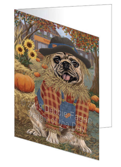 Fall Pumpkin Scarecrow Pug Dogs Handmade Artwork Assorted Pets Greeting Cards and Note Cards with Envelopes for All Occasions and Holiday Seasons GCD78605