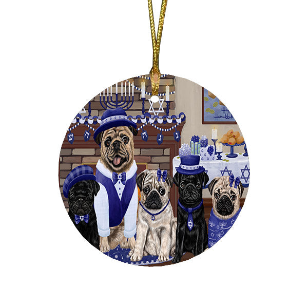 Happy Hanukkah Family and Happy Hanukkah Both Pug Dogs Round Flat Christmas Ornament RFPOR57626