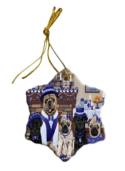 Happy Hanukkah Family Pug Dogs Star Porcelain Ornament SPOR57722