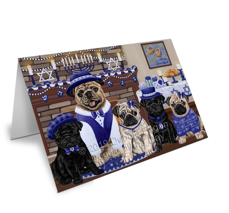 Happy Hanukkah Family Pug Dogs Handmade Artwork Assorted Pets Greeting Cards and Note Cards with Envelopes for All Occasions and Holiday Seasons GCD78512