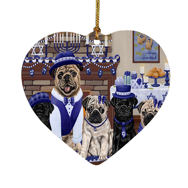 Happy Hanukkah Family Pug Dogs Heart Christmas Ornament HPOR57722