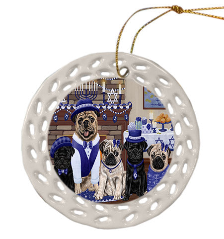 Happy Hanukkah Family Pug Dogs Ceramic Doily Ornament DPOR57722