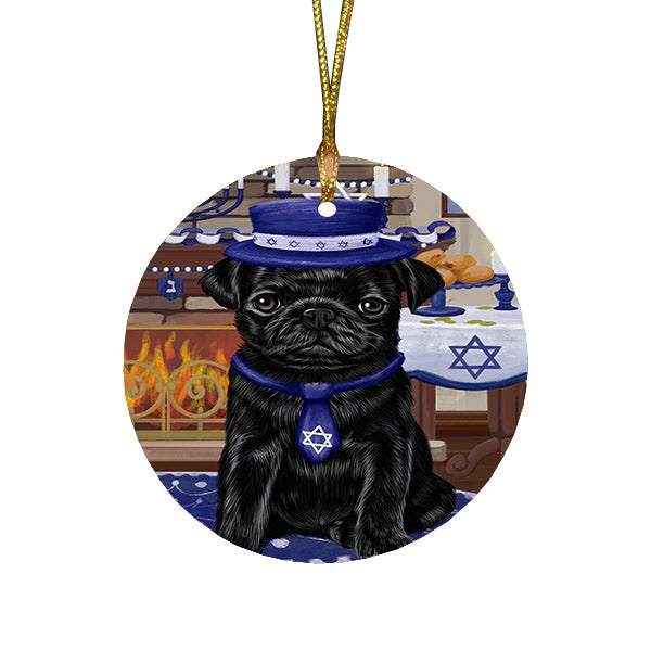 Happy Hanukkah Family and Happy Hanukkah Both Pug Dog Round Flat Christmas Ornament RFPOR57687