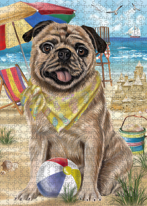 Pet Friendly Beach Pug Dog Portrait Jigsaw Puzzle for Adults Animal Interlocking Puzzle Game Unique Gift for Dog Lover's with Metal Tin Box PZL460