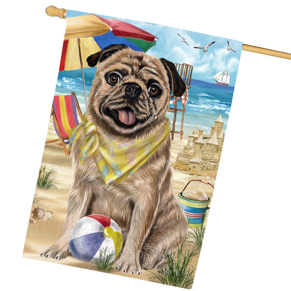 Pet Friendly Beach Pug Dog House Flag Outdoor Decorative Double Sided Pet Portrait Weather Resistant Premium Quality Animal Printed Home Decorative Flags 100% Polyester FLG68929