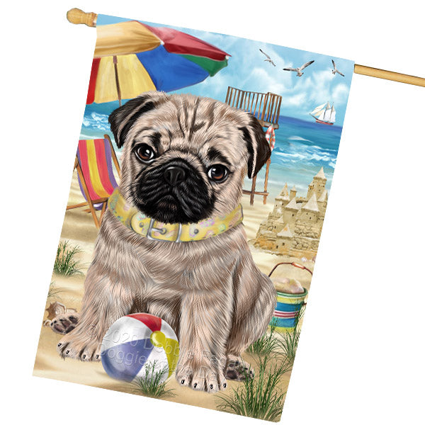 Pet Friendly Beach Pug Dog House Flag Outdoor Decorative Double Sided Pet Portrait Weather Resistant Premium Quality Animal Printed Home Decorative Flags 100% Polyester FLG68930