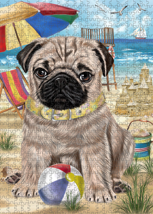 Pet Friendly Beach Pug Dog Portrait Jigsaw Puzzle for Adults Animal Interlocking Puzzle Game Unique Gift for Dog Lover's with Metal Tin Box PZL461