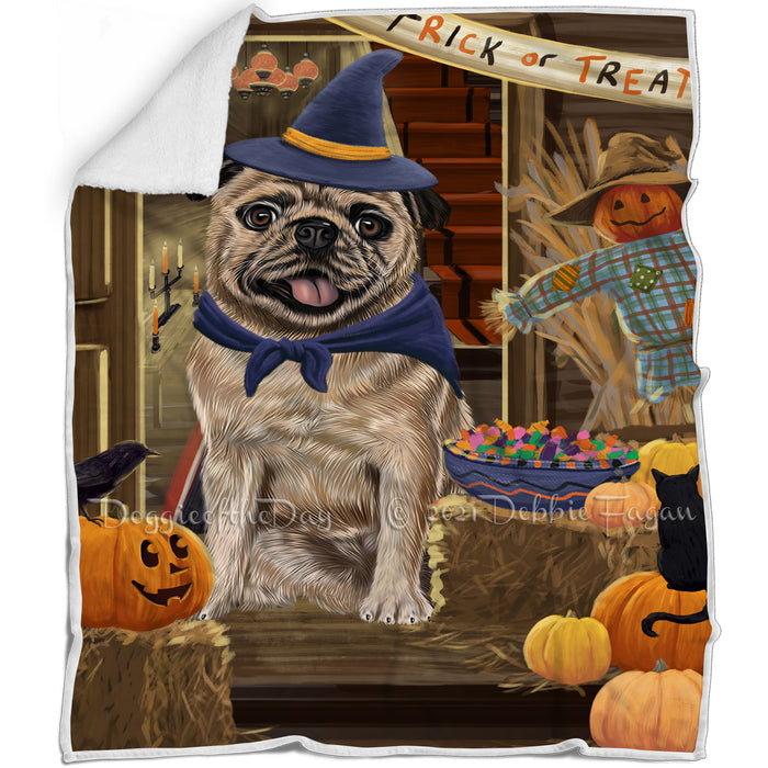 Enter at Own Risk Trick or Treat Halloween Pug Dog Blanket BLNKT96402