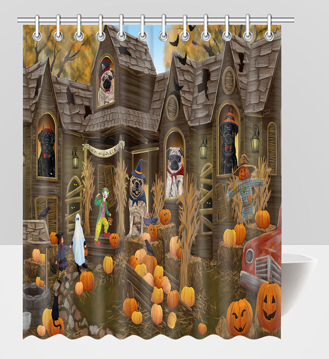 Haunted House Halloween Trick or Treat Pug Dogs Shower Curtain