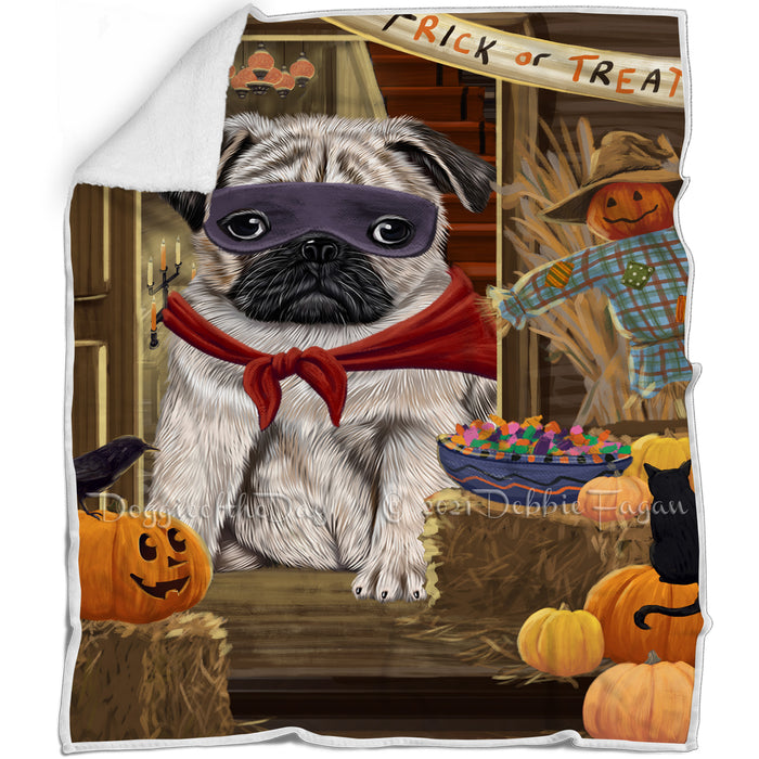 Enter at Own Risk Trick or Treat Halloween Pug Dog Blanket BLNKT96411