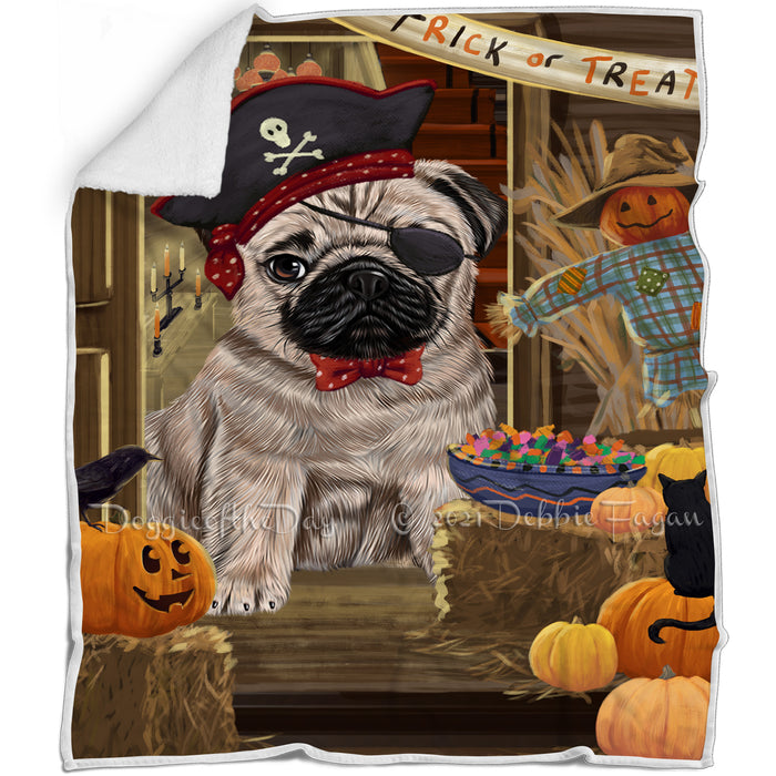 Enter at Own Risk Trick or Treat Halloween Pug Dog Blanket BLNKT96420