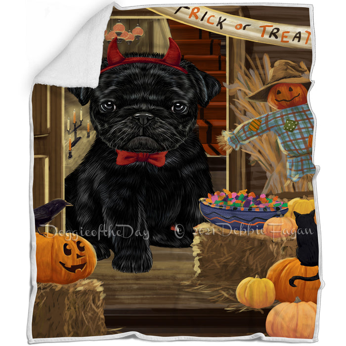 Enter at Own Risk Trick or Treat Halloween Pug Dog Blanket BLNKT96429