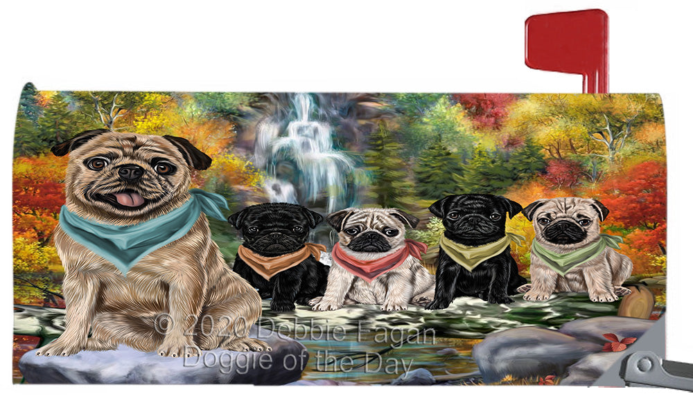 Scenic Waterfall Pug Dogs Magnetic Mailbox Cover Both Sides Pet Theme Printed Decorative Letter Box Wrap Case Postbox Thick Magnetic Vinyl Material