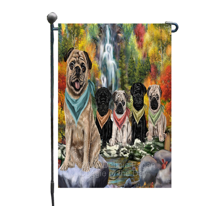 Scenic Waterfall Pug Dogs Garden Flags Outdoor Decor for Homes and Gardens Double Sided Garden Yard Spring Decorative Vertical Home Flags Garden Porch Lawn Flag for Decorations