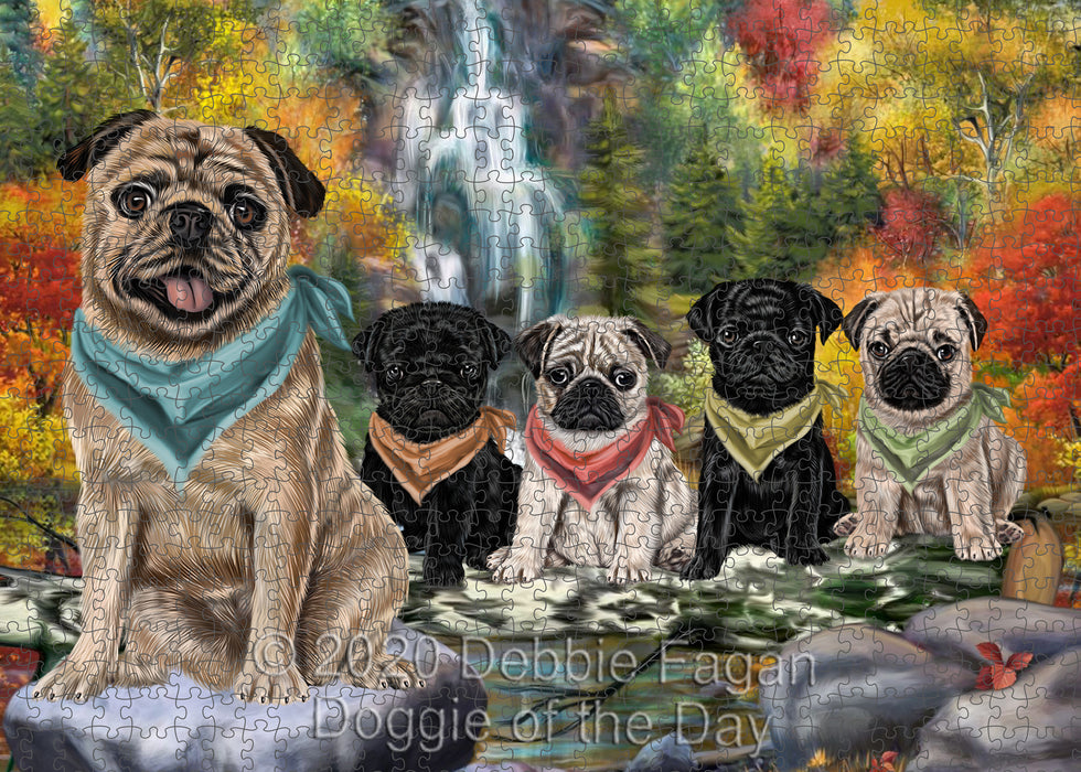 Scenic Waterfall Pug Dogs Portrait Jigsaw Puzzle for Adults Animal Interlocking Puzzle Game Unique Gift for Dog Lover's with Metal Tin Box