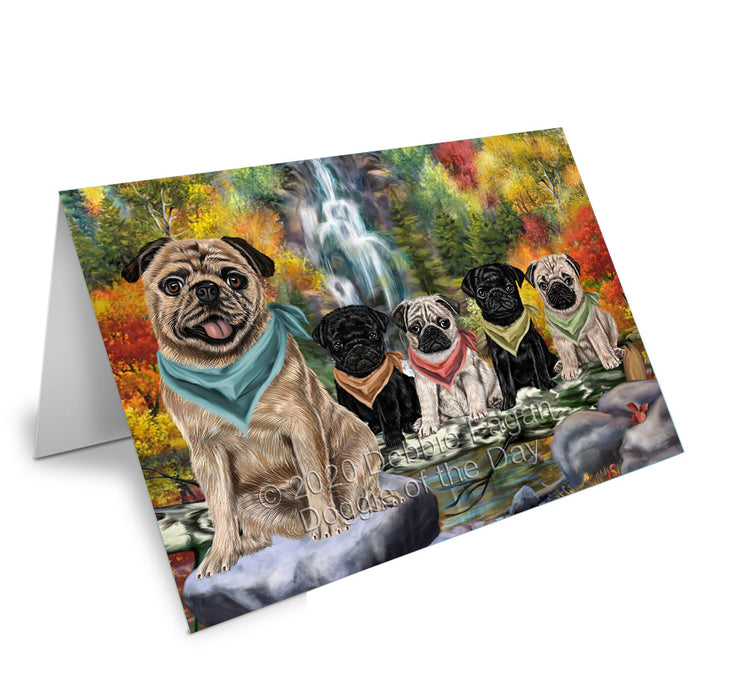 Scenic Waterfall Pug Dogs Handmade Artwork Assorted Pets Greeting Cards and Note Cards with Envelopes for All Occasions and Holiday Seasons