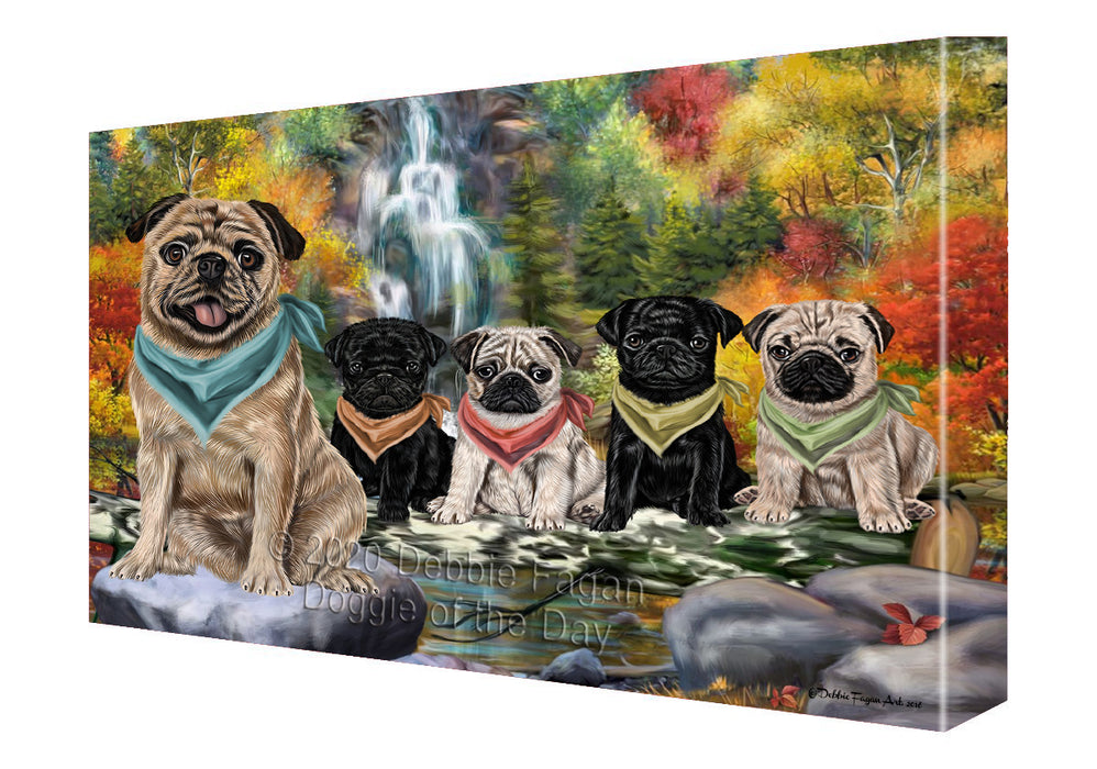 Scenic Waterfall Pug Dogs Canvas Wall Art - Premium Quality Ready to Hang Room Decor Wall Art Canvas - Unique Animal Printed Digital Painting for Decoration