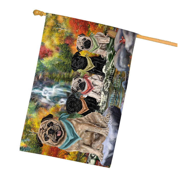 Scenic Waterfall Pug Dogs House Flag Outdoor Decorative Double Sided Pet Portrait Weather Resistant Premium Quality Animal Printed Home Decorative Flags 100% Polyester