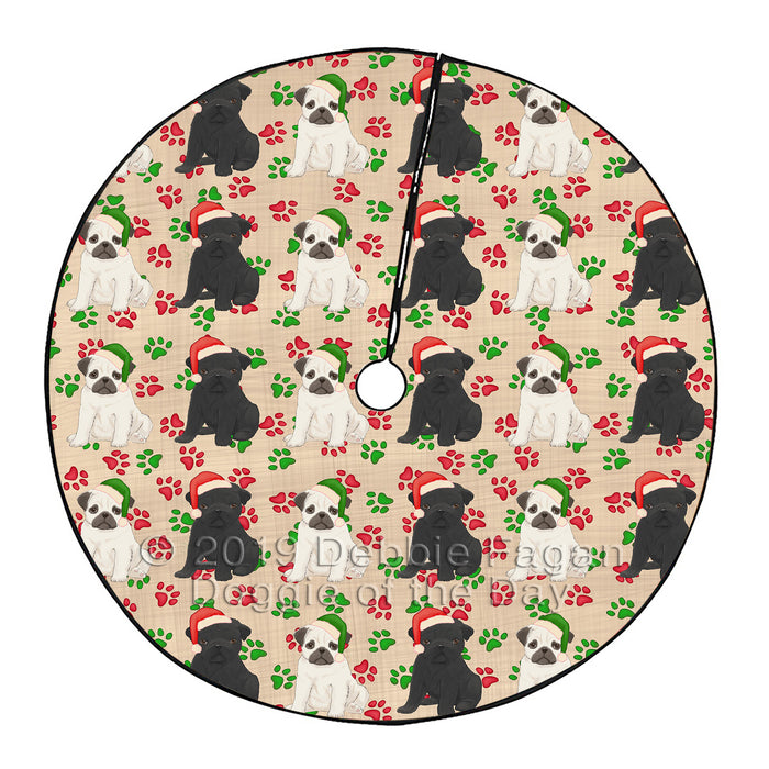Christmas Paw Print Pug Dogs Tree Skirt