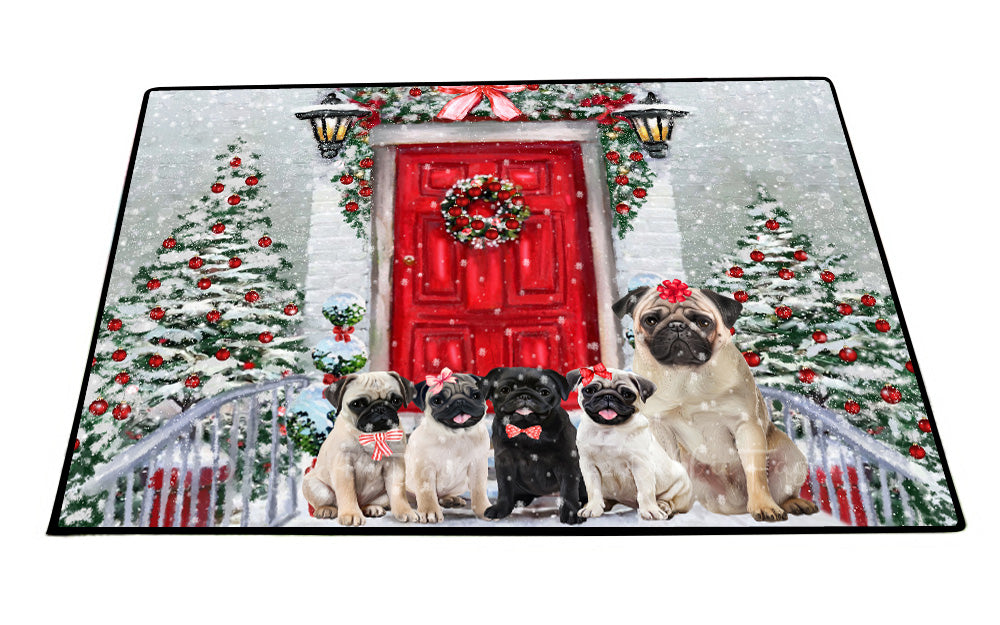 Christmas Holiday Welcome Pug Dogs Floor Mat- Anti-Slip Pet Door Mat Indoor Outdoor Front Rug Mats for Home Outside Entrance Pets Portrait Unique Rug Washable Premium Quality Mat