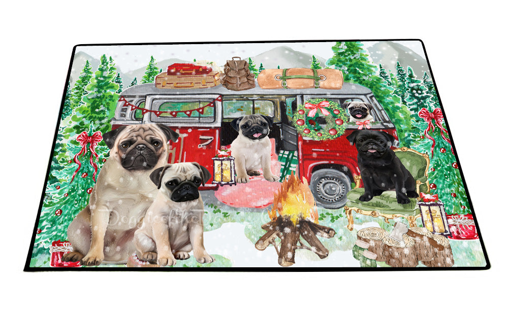 Christmas Time Camping with Pug Dogs Floor Mat- Anti-Slip Pet Door Mat Indoor Outdoor Front Rug Mats for Home Outside Entrance Pets Portrait Unique Rug Washable Premium Quality Mat