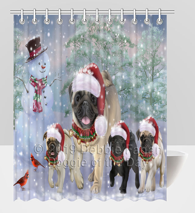 Christmas Running Fammily Pug Dogs Shower Curtain