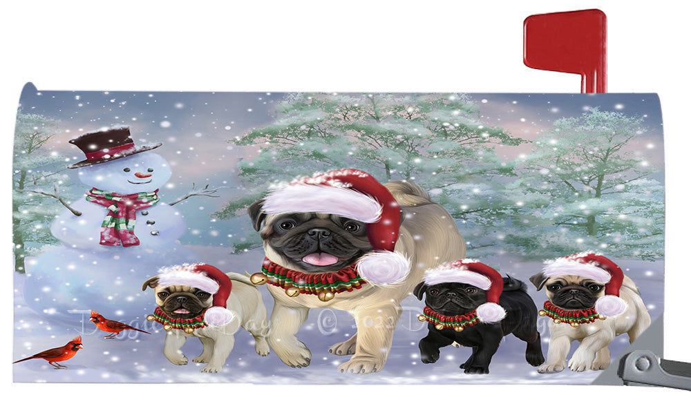 Christmas Running Family Pug Dogs Magnetic Mailbox Cover Both Sides Pet Theme Printed Decorative Letter Box Wrap Case Postbox Thick Magnetic Vinyl Material