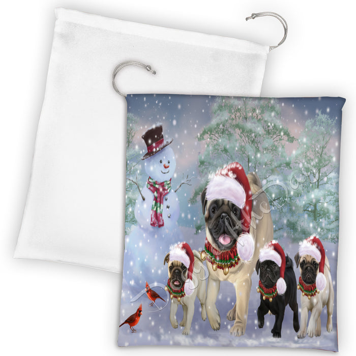 Christmas Running Fammily Pug Dogs Drawstring Laundry or Gift Bag LGB48244