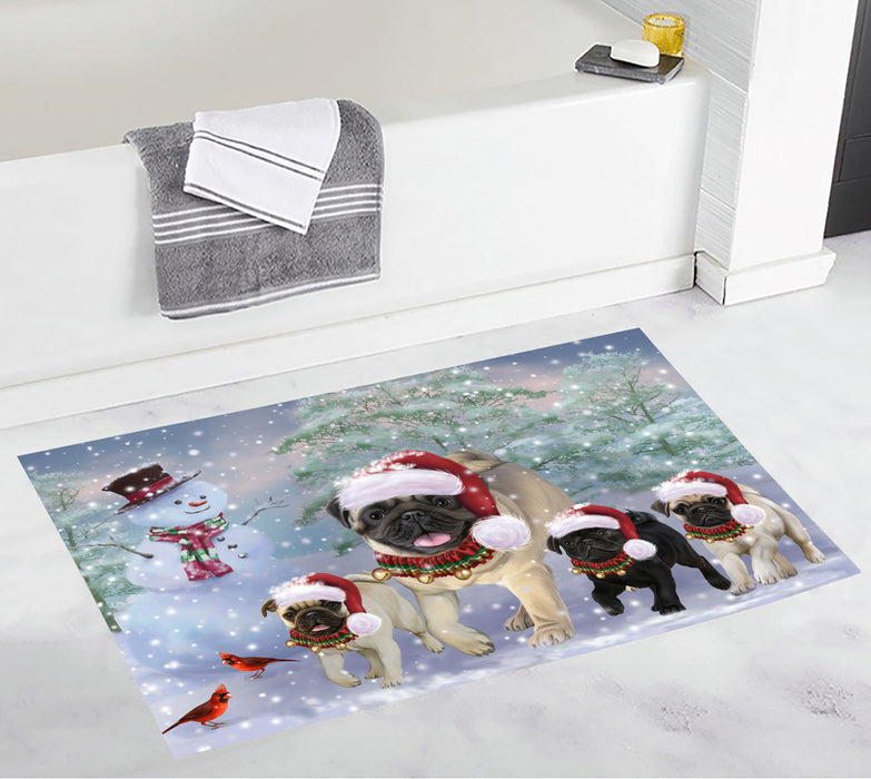 Christmas Running Fammily Pug Dogs Bath Mat