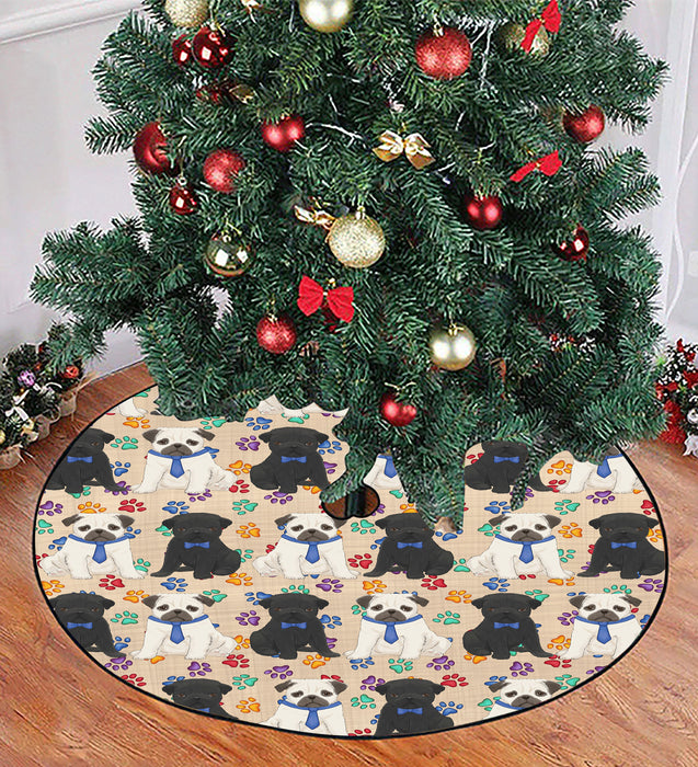 Rainbow Paw Print Pug Dogs Blue Christmas Tree Skirt