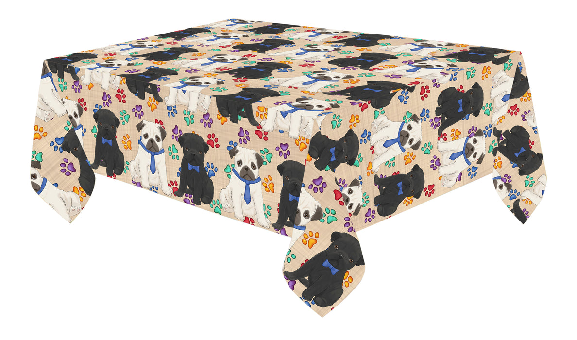 Rainbow Paw Print Pug Dogs Blue Cotton Linen Tablecloth