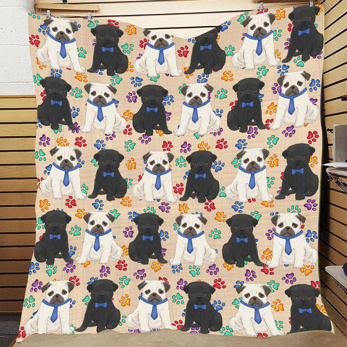 Rainbow Paw Print Pug Dogs Blue Quilt