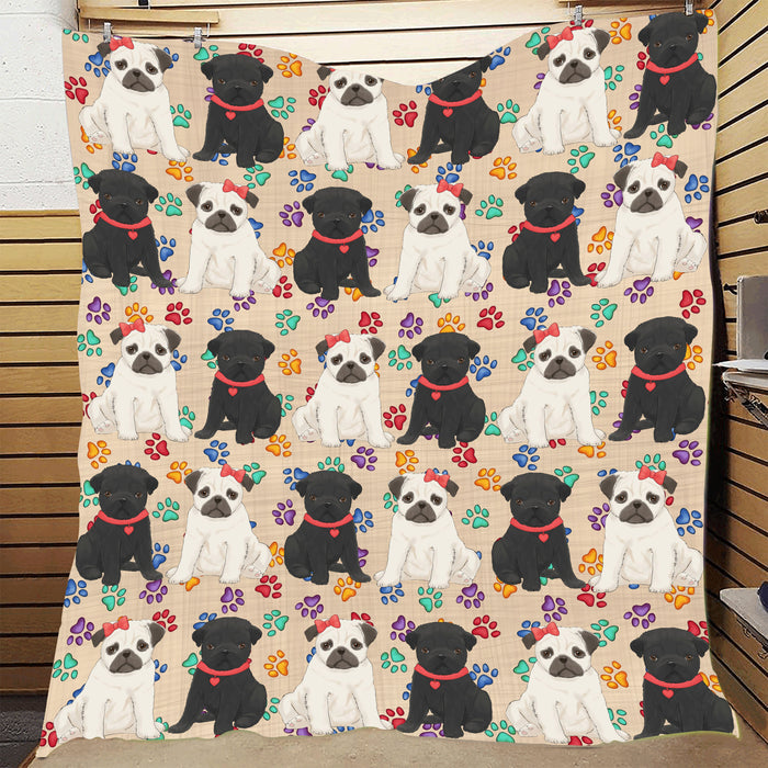 Rainbow Paw Print Pug Dogs Red Quilt