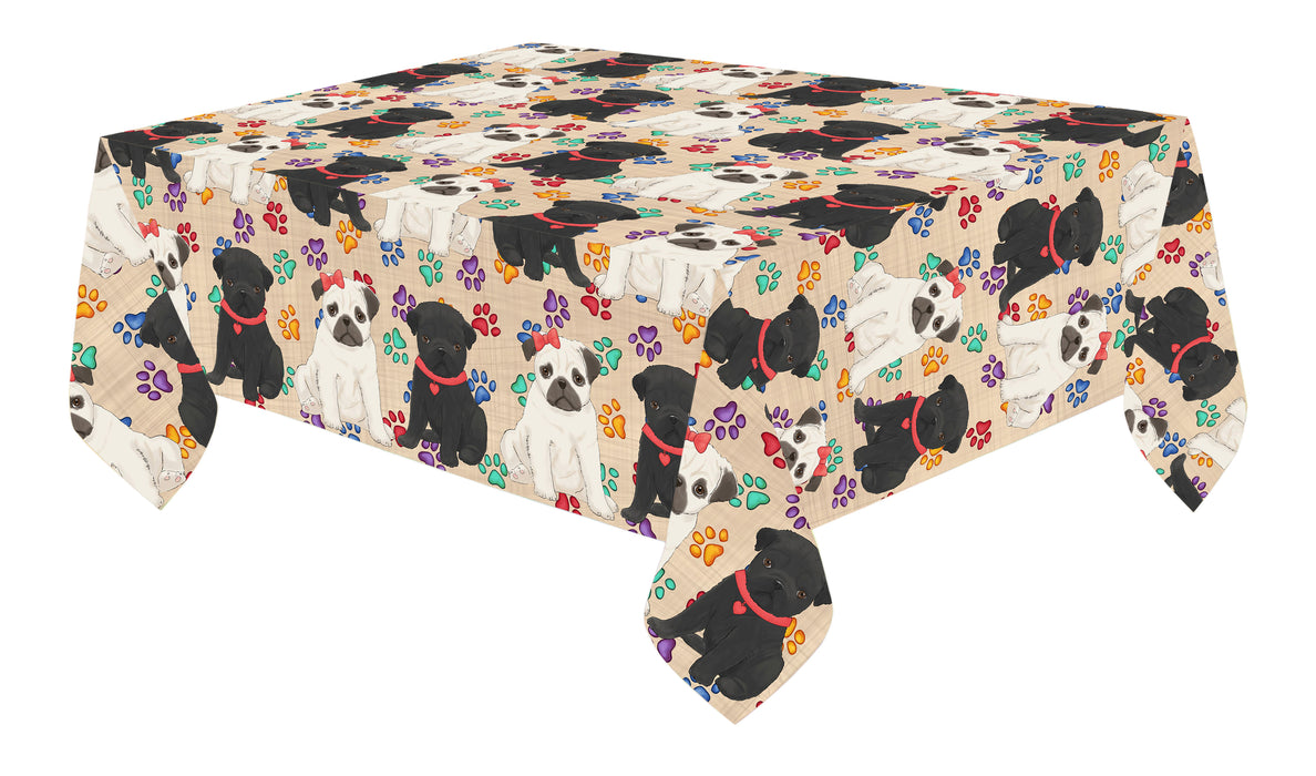 Rainbow Paw Print Pug Dogs Red Cotton Linen Tablecloth
