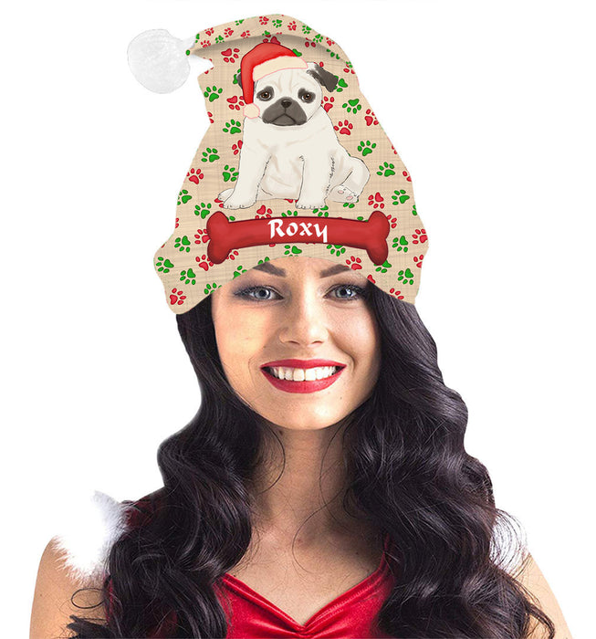 Pet Name Personalized Christmas Paw Print Pug Dogs Santa Hat