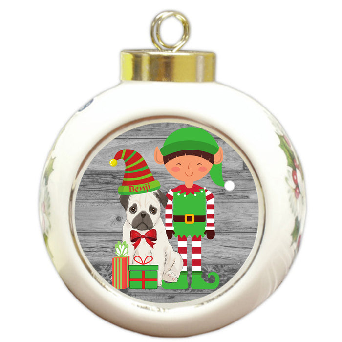 Custom Personalized Pug Dog Elfie and Presents Christmas Round Ball Ornament