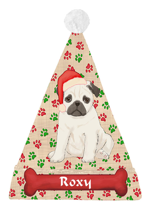 Pet Name Personalized Christmas Paw Print Pug Dogs Santa Hat