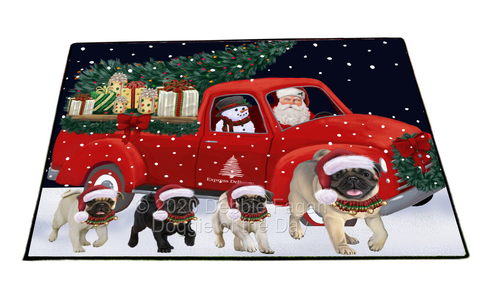Christmas Express Delivery Red Truck Running Pug Dogs Indoor/Outdoor Welcome Floormat - Premium Quality Washable Anti-Slip Doormat Rug FLMS56683