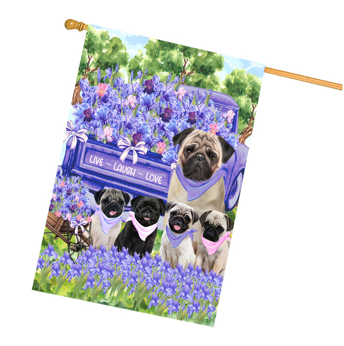 Pug Dogs House Flag for Dog and Pet Lovers, Explore a Variety of Designs, Custom, Personalized, Weather Resistant, Double-Sided, Home Outside Yard Decor