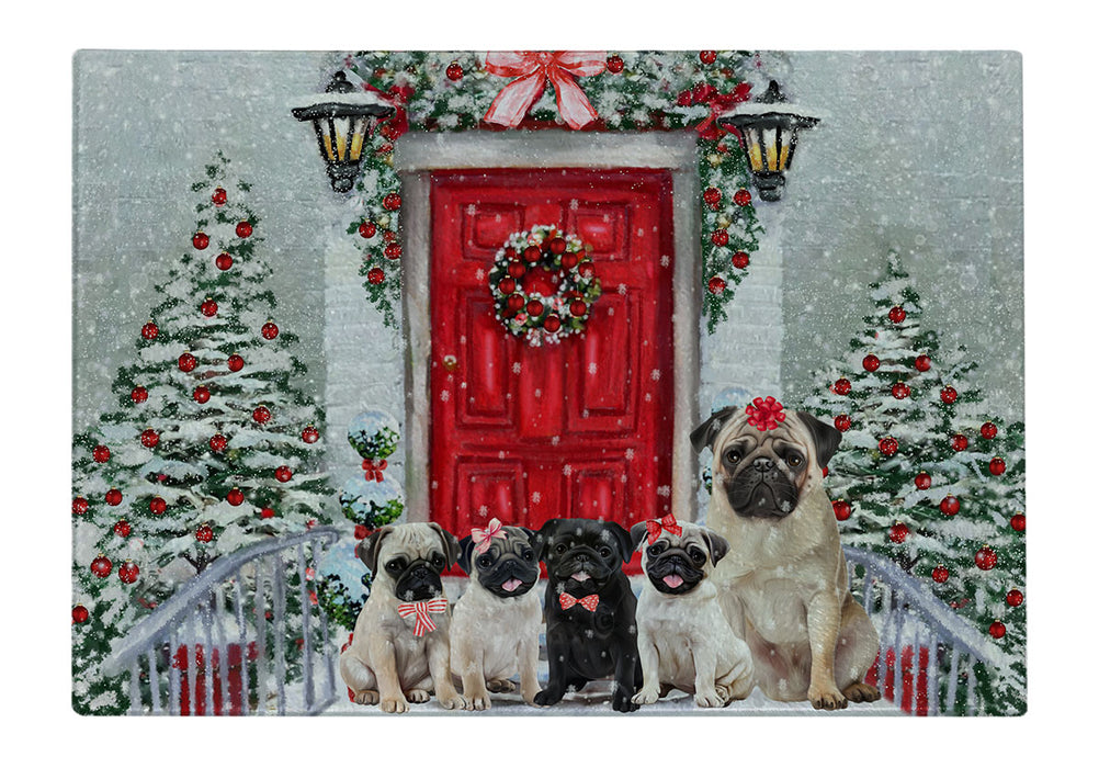 Christmas Holiday Welcome Pug Dogs Cutting Board - For Kitchen - Scratch & Stain Resistant - Designed To Stay In Place - Easy To Clean By Hand - Perfect for Chopping Meats, Vegetables