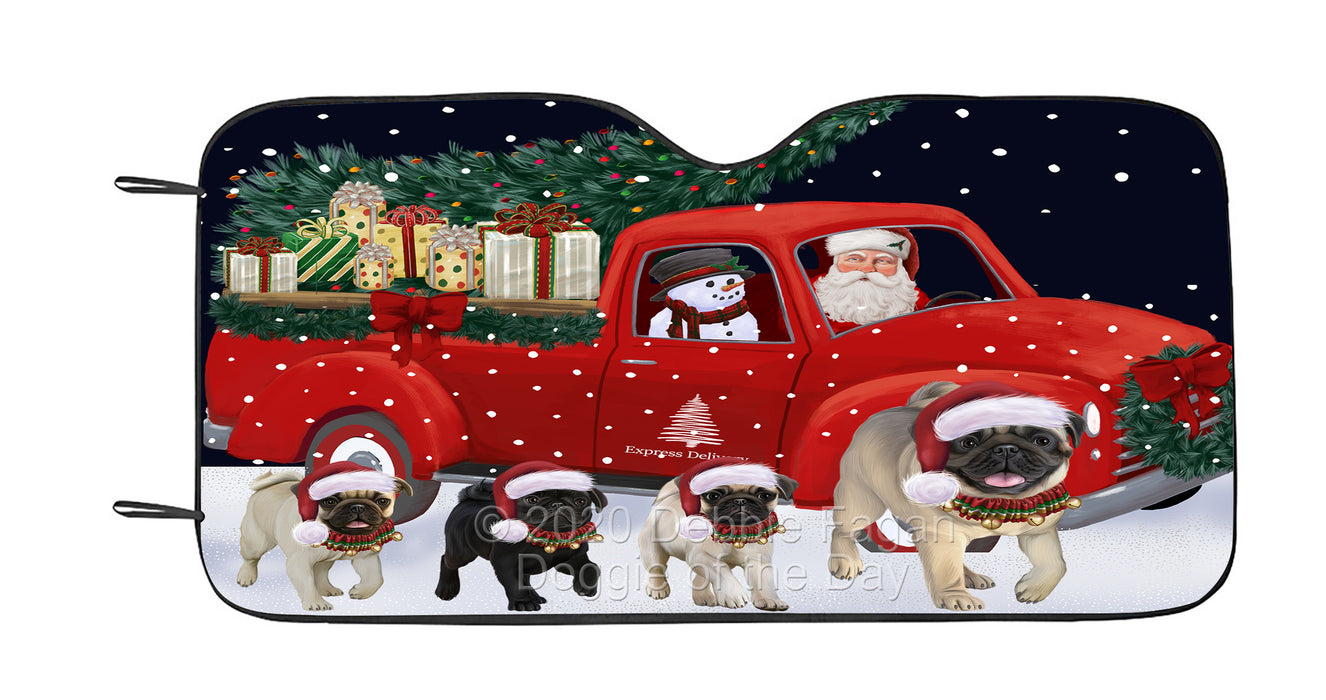 Christmas Express Delivery Red Truck Running Pug Dog Car Sun Shade Cover Curtain