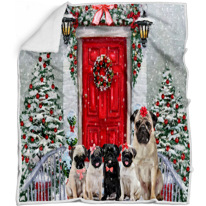 Christmas Holiday Welcome Pug Dogs Blanket - Lightweight Soft Cozy and Durable Bed Blanket - Animal Theme Fuzzy Blanket for Sofa Couch