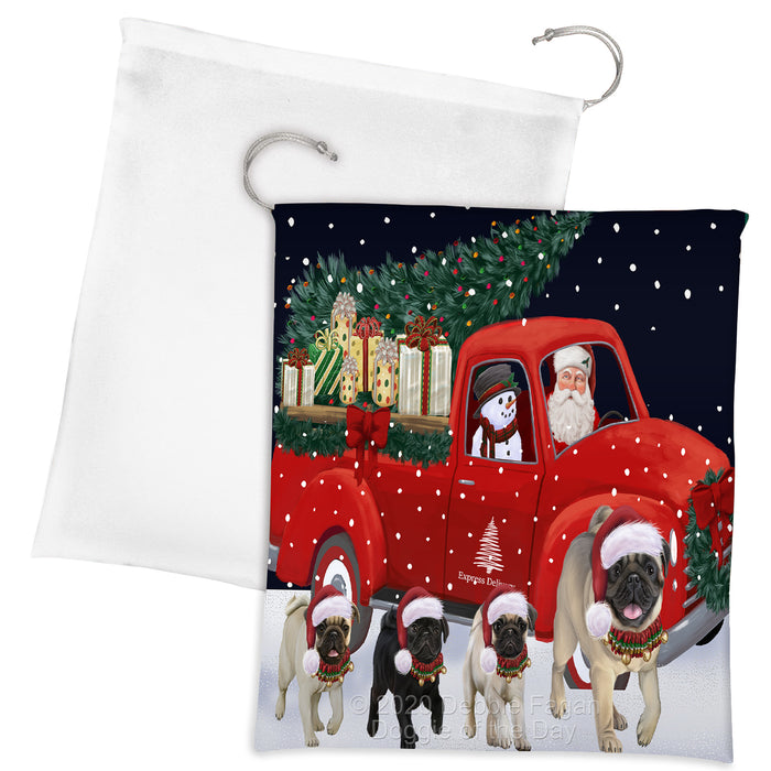 Christmas Express Delivery Red Truck Running Pug Dogs Drawstring Laundry or Gift Bag LGB48922