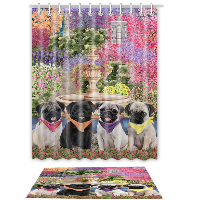 Pug Shower Curtain & Bath Mat Set, Bathroom Decor Curtains with hooks and Rug, Explore a Variety of Designs, Personalized, Custom, Dog Lover's Gifts