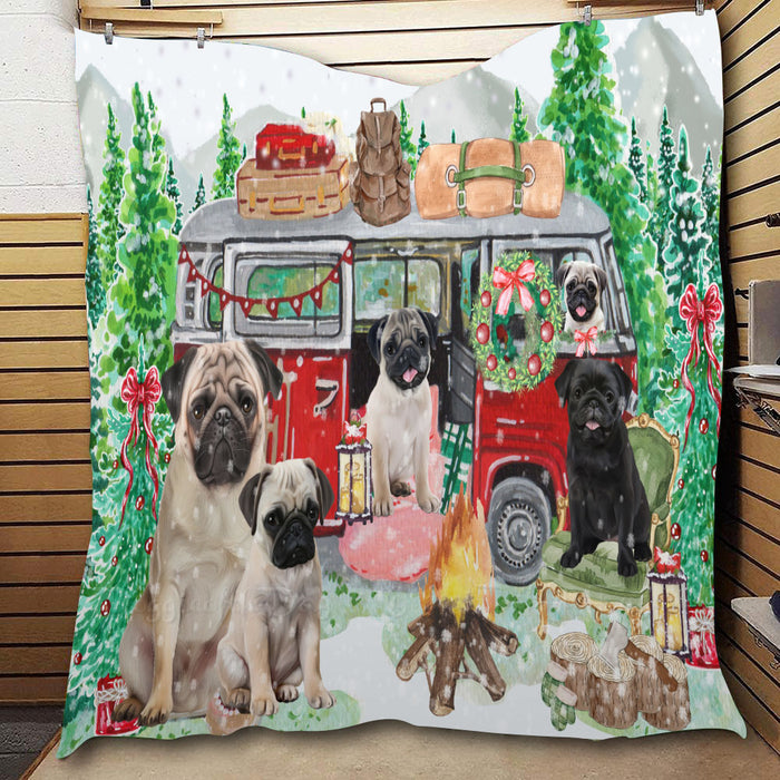 Christmas Time Camping with Pug Dogs  Quilt Bed Coverlet Bedspread - Pets Comforter Unique One-side Animal Printing - Soft Lightweight Durable Washable Polyester Quilt