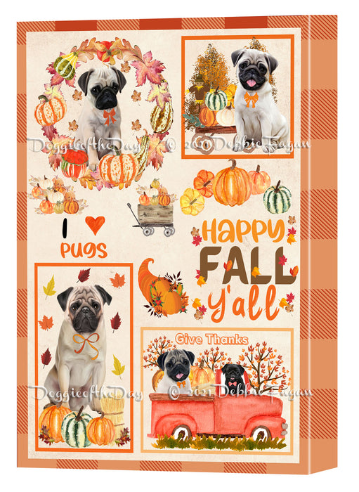 Happy Fall Y'all Pumpkin Pug Dogs Canvas Wall Art - Premium Quality Ready to Hang Room Decor Wall Art Canvas - Unique Animal Printed Digital Painting for Decoration